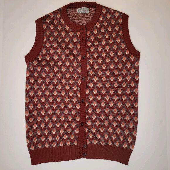 Vintage Jaeger London Vest Sweater Women XS 100% Wool Burgundy Pattern Buttons - Picture 1 of 10